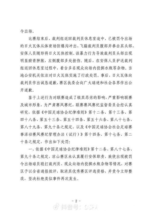 暴力飞踹拳击裁判 “川超”凉山好医生队球员日火瓦体省内禁赛5年
